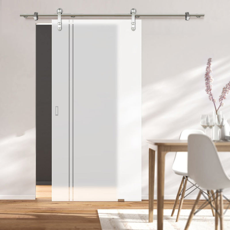 Single Glass Sliding Door - Solaris Tubular Stainless Steel Sliding Track & Gogar 8mm Obscure Glass - Clear Printed Design