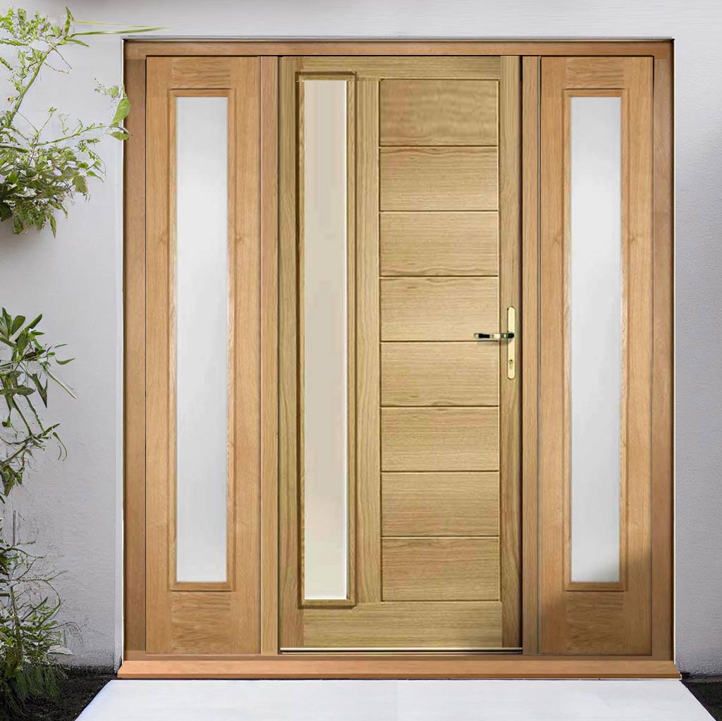Goodwood Exterior Oak Front Door and Frame Set - Frosted Double Glazing - Two Side Screens