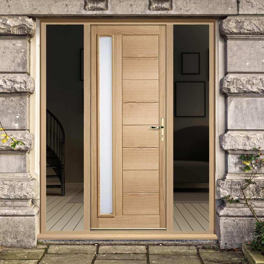 Goodwood Exterior Oak Door and Frame Set - Frosted Double Glazing - Two Unglazed Side Screens, From LPD Joinery