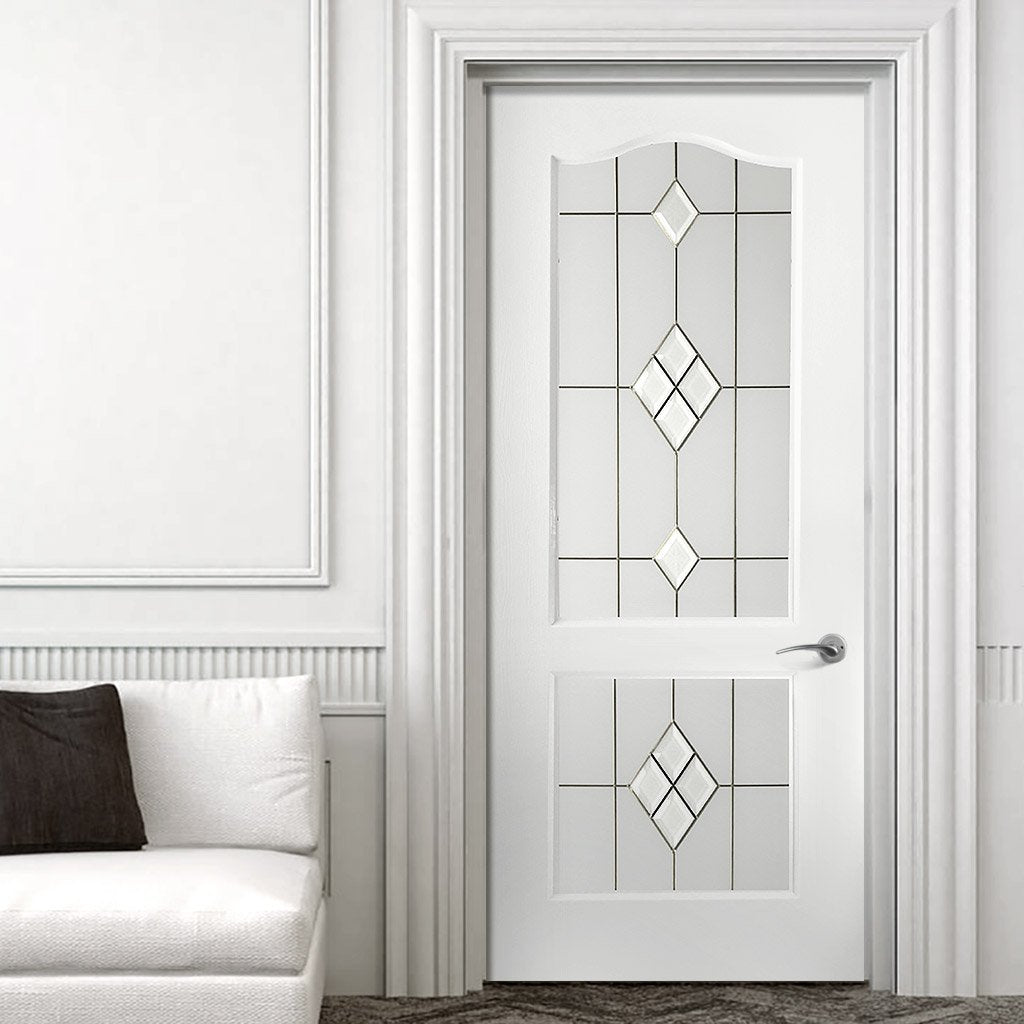 White PVC classic door with grained faces 2 starburst style toughened glass 