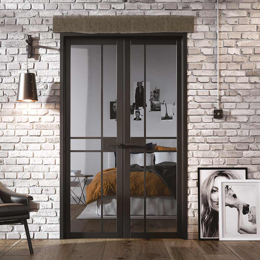 W4 Greenwich Room Divider Door & Frame Kit - Clear Glass - Black Primed - 2031x1246mm Wide