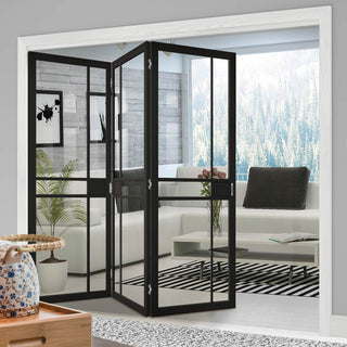 Image: Three Folding Doors & Frame Kit - Greenwich 3+0 - Clear Glass - Black Primed
