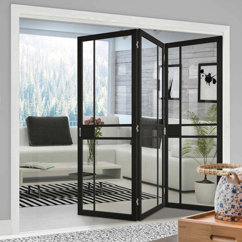 Three Folding Doors & Frame Kit - Greenwich 3+0 - Clear Glass - Black Primed