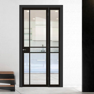 Image: ThruEasi Room Divider - Greenwich Black Primed Clear Glass Unfinished Industrial Door with Narrow Single Side