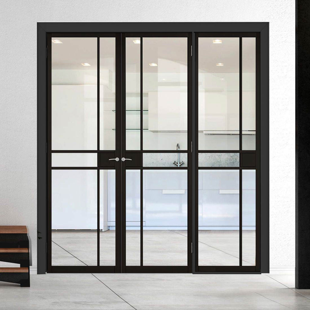 ThruEasi Room Divider - Greenwich Black Clear Glass Prefinished Double Doors with Single Side