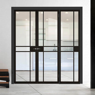 Image: ThruEasi Room Divider - Greenwich Black Primed Clear Glass Unfinished Double Doors with Single Side