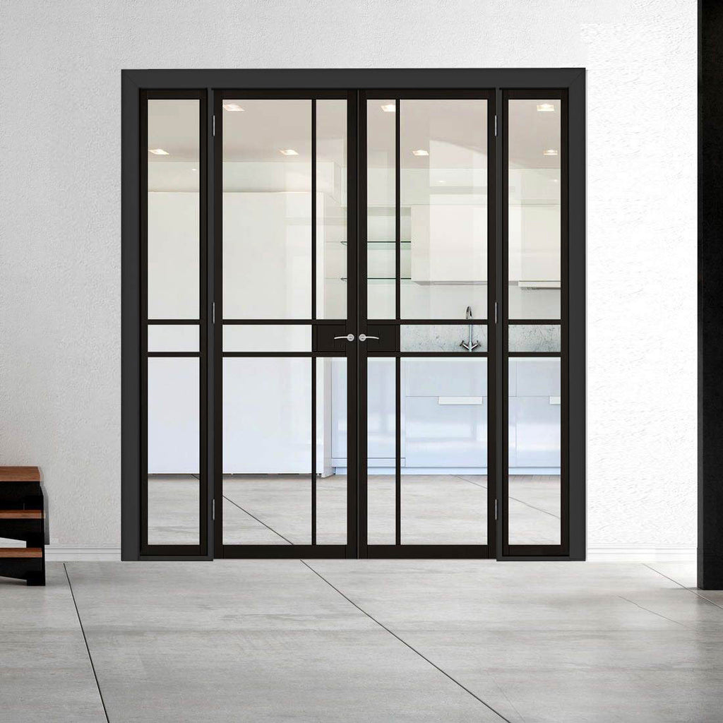 ThruEasi Room Divider - Greenwich Black Primed Clear Glass Unfinished Industrial Double Doors with Narrow Double Sides