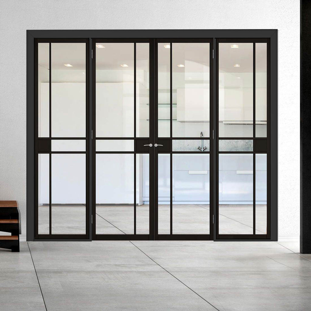 ThruEasi Room Divider - Greenwich Black Primed Clear Glass Unfinished Double Doors with Double Sides