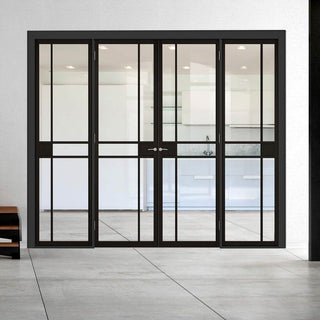 Image: ThruEasi Room Divider - Greenwich Black Primed Clear Glass Unfinished Double Doors with Double Sides