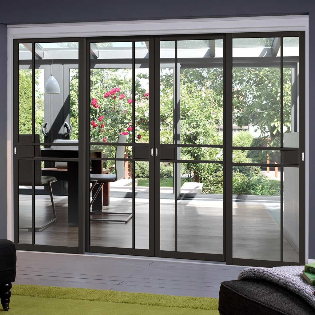 Four Sliding Doors and Frame Kit - Greenwich Door - Clear Glass - Black Primed