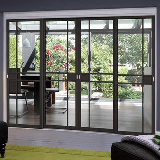 Image: Four Sliding Doors and Frame Kit - Greenwich Door - Clear Glass - Black Primed