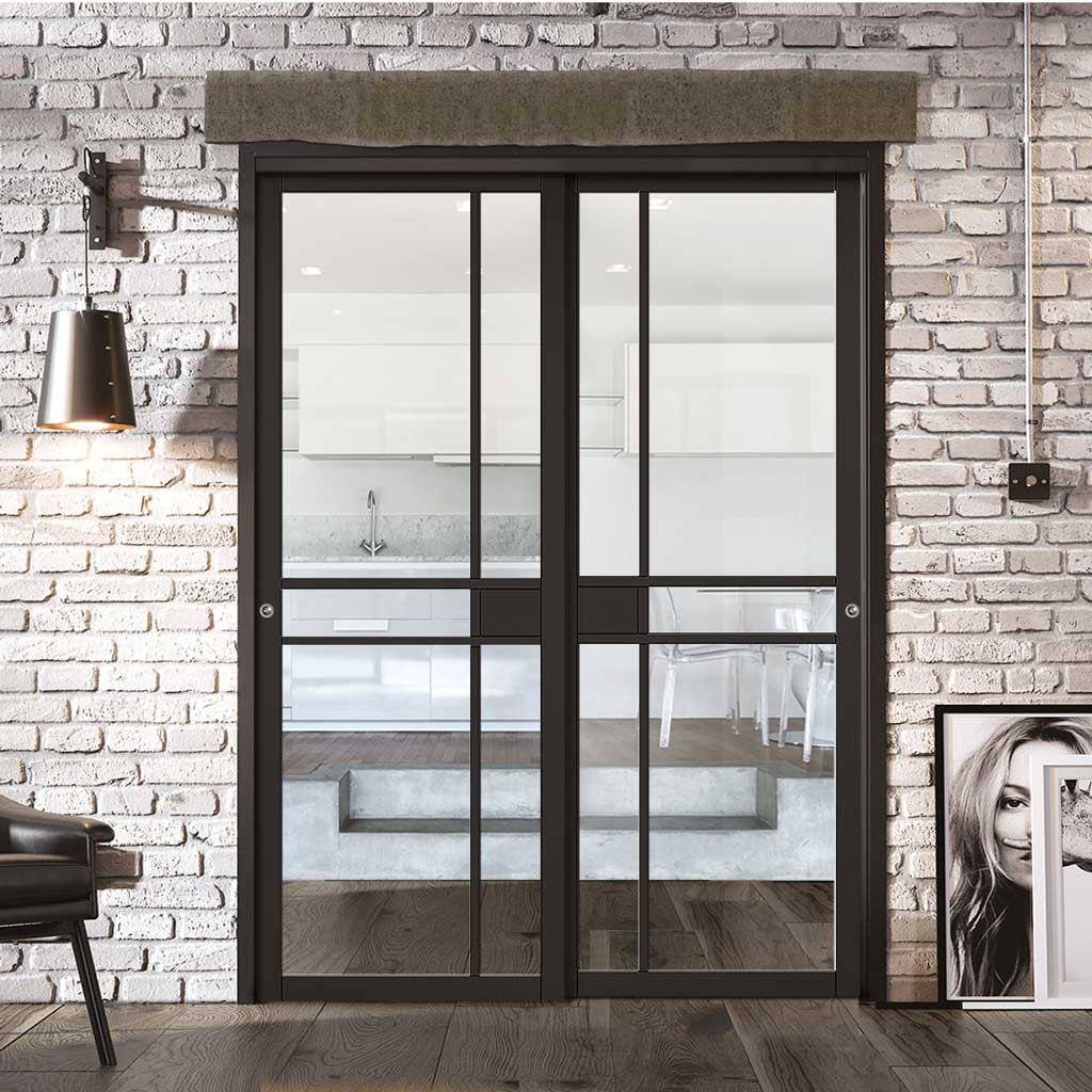 Two Sliding Doors and Frame Kit - Greenwich Door - Clear Glass - Black Primed