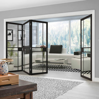 Image: Four Folding Doors & Frame Kit - Greenwich 3+1 - Clear Glass - Black Primed