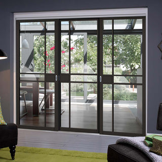 Image: Three Sliding Doors and Frame Kit - Greenwich Door - Clear Glass - Black Primed