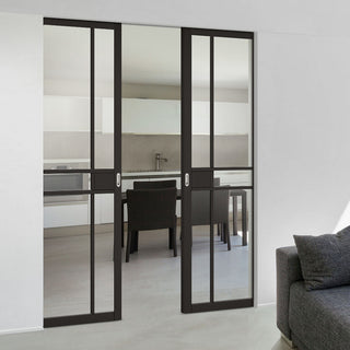 Image: Greenwich Black Primed Absolute Evokit Double Pocket Doors - Clear Glass