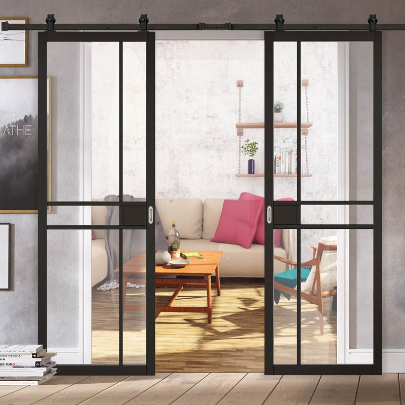 Top Mounted Black Sliding Track & Double Door - Greenwich Black Painted Doors - Clear Glass - Prefinished