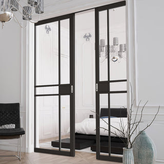 Image: Greenwich Black Primed Double Evokit Pocket Door - Clear Glass