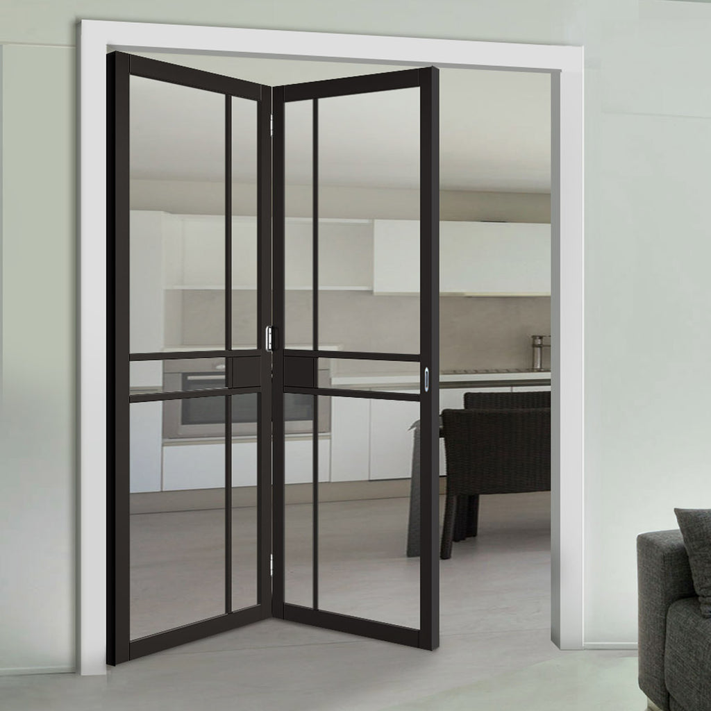 Two Folding Doors & Frame Kit - Greenwich 2+0 - Clear Glass - Black Primed