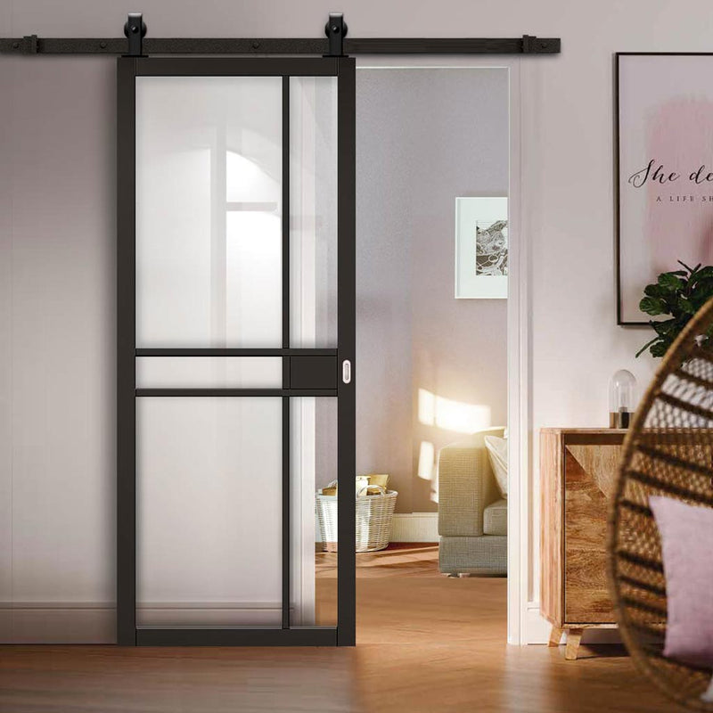 Top Mounted Black Sliding Track & Door - Greenwich Black Painted Door - Clear Glass - Prefinished