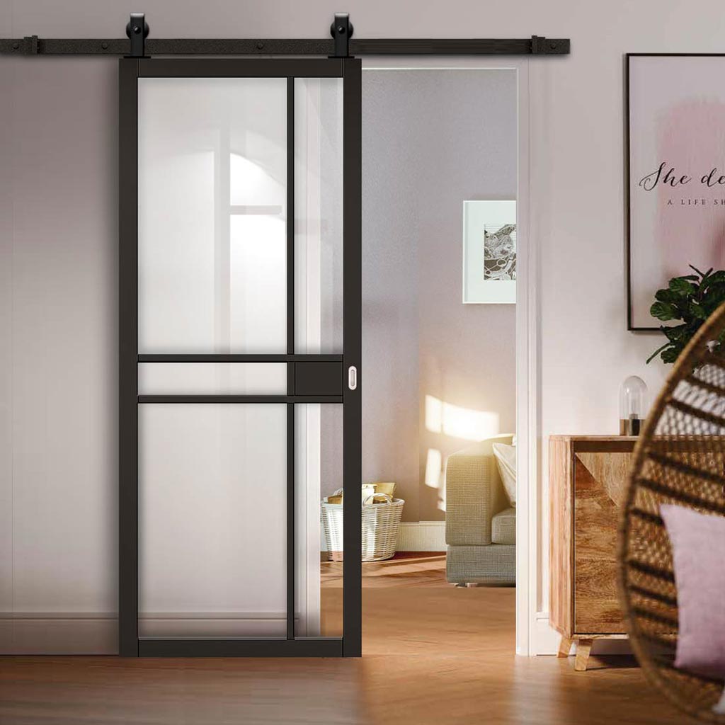 Top Mounted Black Sliding Track & Door - Greenwich Black Primed Door - Clear Glass