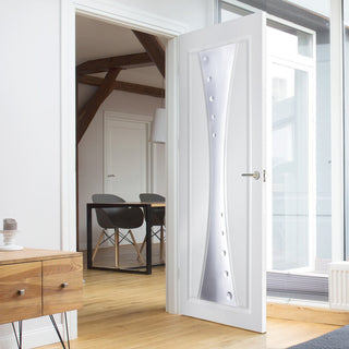 Image: Gretna Lightly Grained Internal PVC Door - Ceres Style Sandblasted Glass