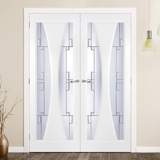 Image: Gretna Lightly Grained Internal PVC Door Pair - Finlay Style Sandblasted Glass