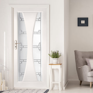 Image: Gretna Lightly Grained Internal PVC Door - Harris Style Sandblasted Glass