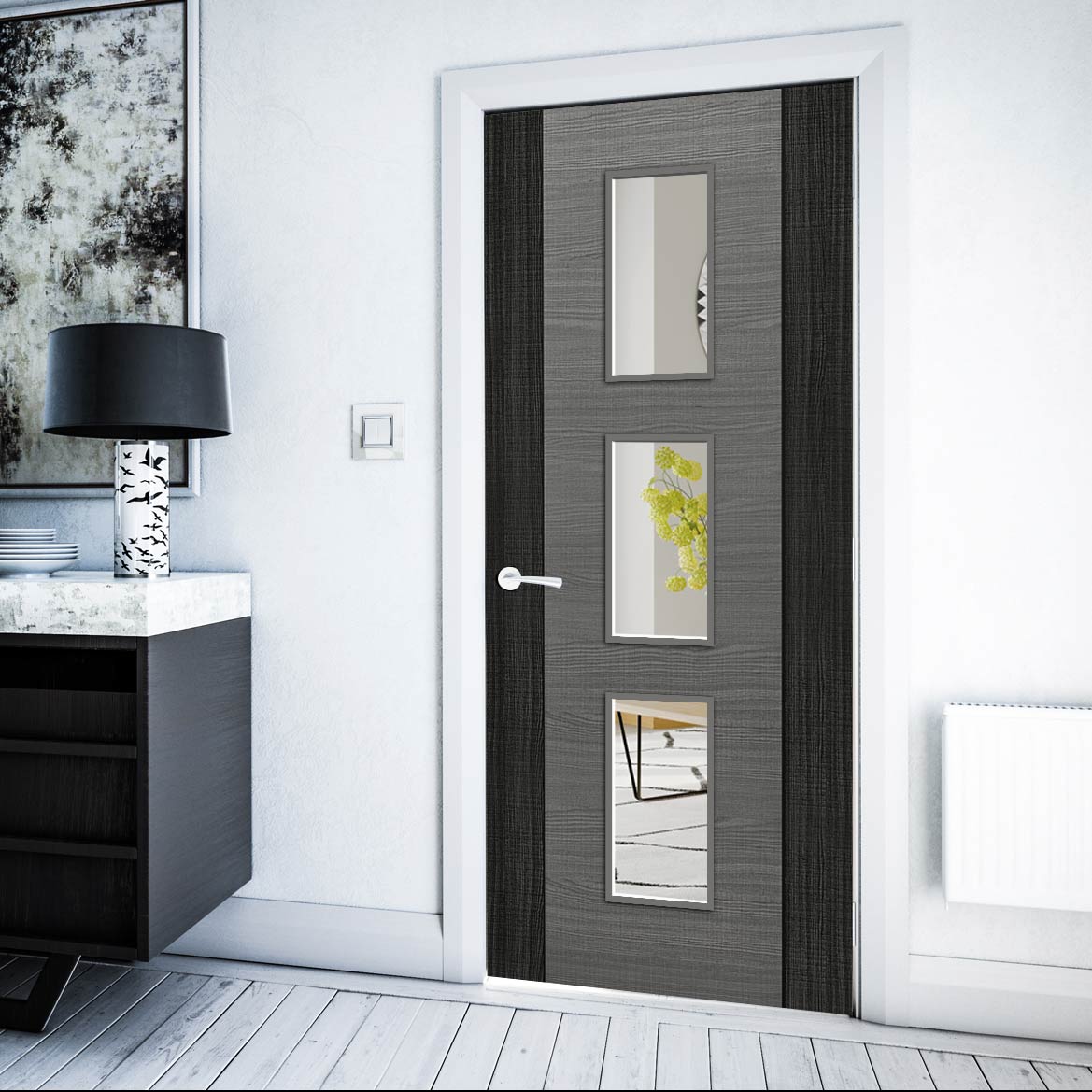 Bespoke Fire Door - Flush Dark Grey Panel - American Light Grey Ash Veneer - 30 Minute Fire Rated - Clear Glass - 11 - Prefinished