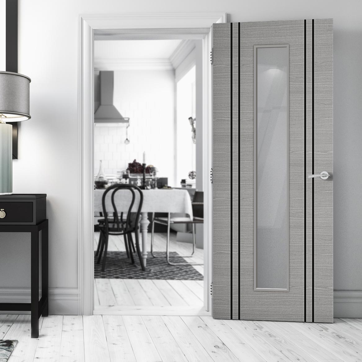 Bespoke Fire Door - Flush Dark Grey Inlay - American Light Grey Ash Veneer - 30 Minute Fire Rated - Clear Glass - 10 - Prefinished