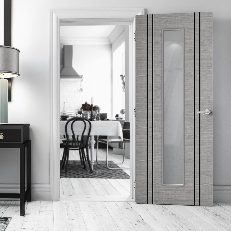 Bespoke Fire Door - Flush Dark Grey Inlay - American Light Grey Ash Veneer - 30 Minute Fire Rated - Clear Glass - 10 - Prefinished