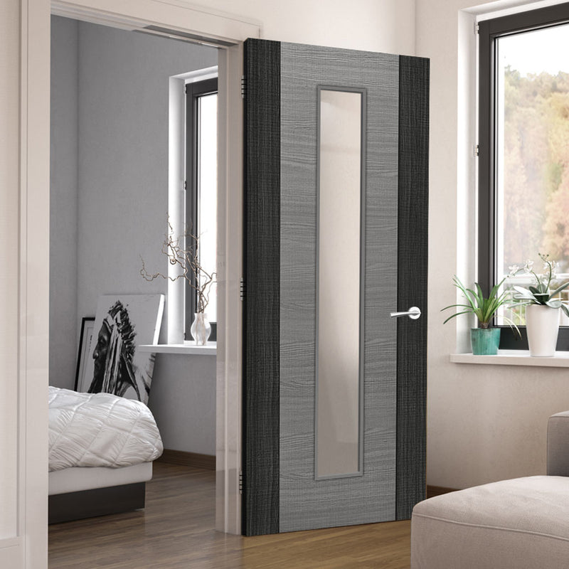 Bespoke Door - Flush Dark Grey Panel - American Light Grey Ash Veneer - Clear Glass - 10 - Prefinished