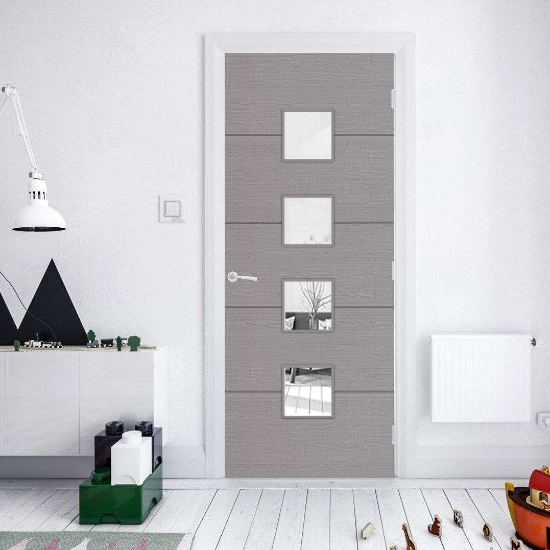 Bespoke Door - Flush Horizontal Grey Inlay - American Light Grey Ash Veneer - Clear Glass - 09 - Prefinished
