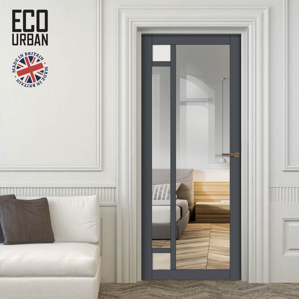 Handmade Eco-Urban Suburban 4 Pane Solid Wood Internal Door UK Made DD6411G Clear Glass(2 FROSTED CORNER PANES)- Eco-Urban® Stormy Grey Premium Primed