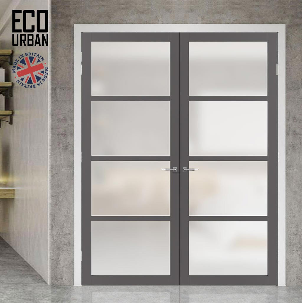 Eco-Urban Brooklyn 4 Pane Solid Wood Internal Door Pair UK Made DD6308SG - Frosted Glass -  Eco-Urban® Stormy Grey Premium Primed