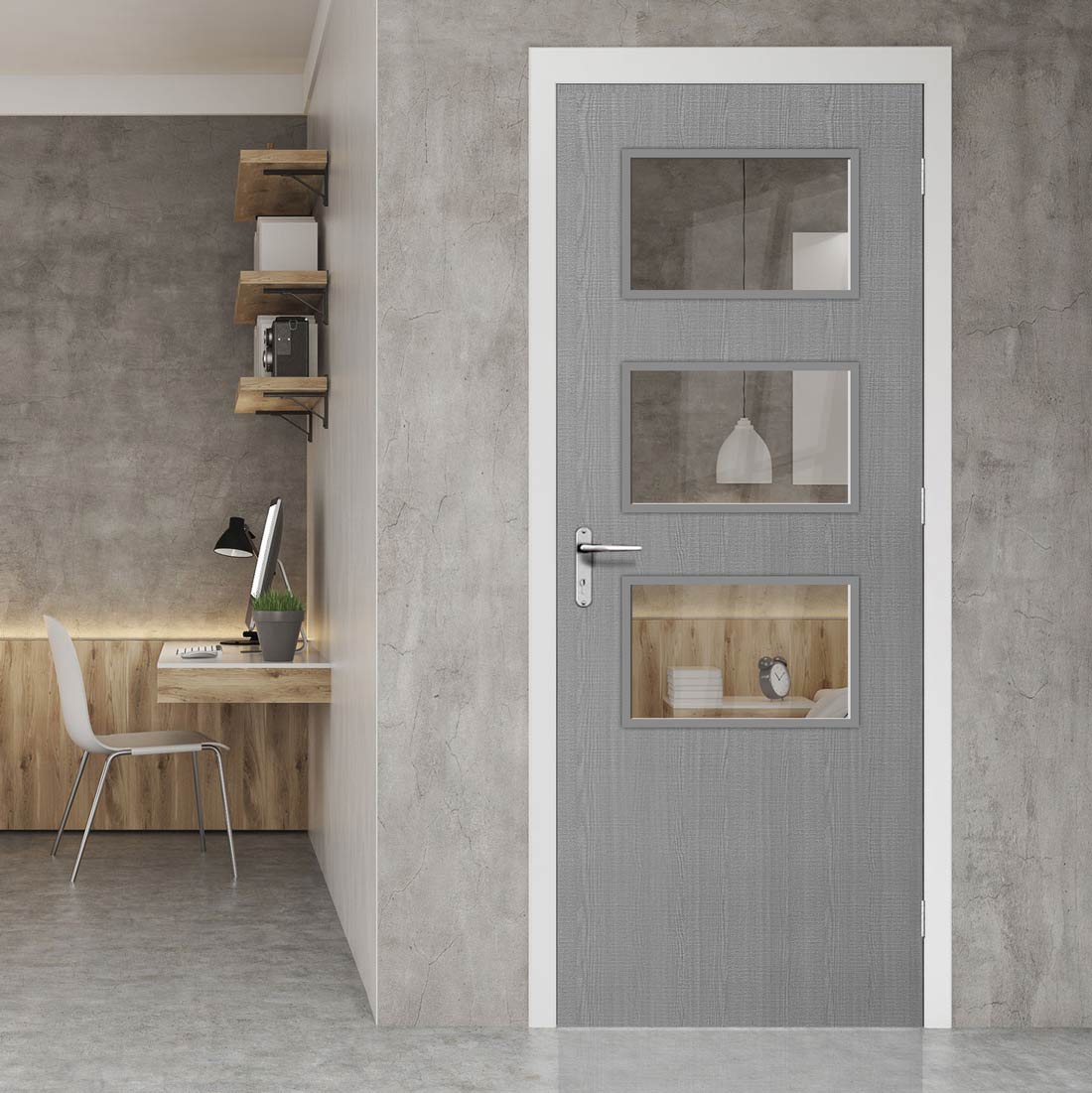 Bespoke Fire Door - Flush American Light Grey Ash Veneer - 30 Minute Fire Rated - Clear Glass - 03 - Prefinished