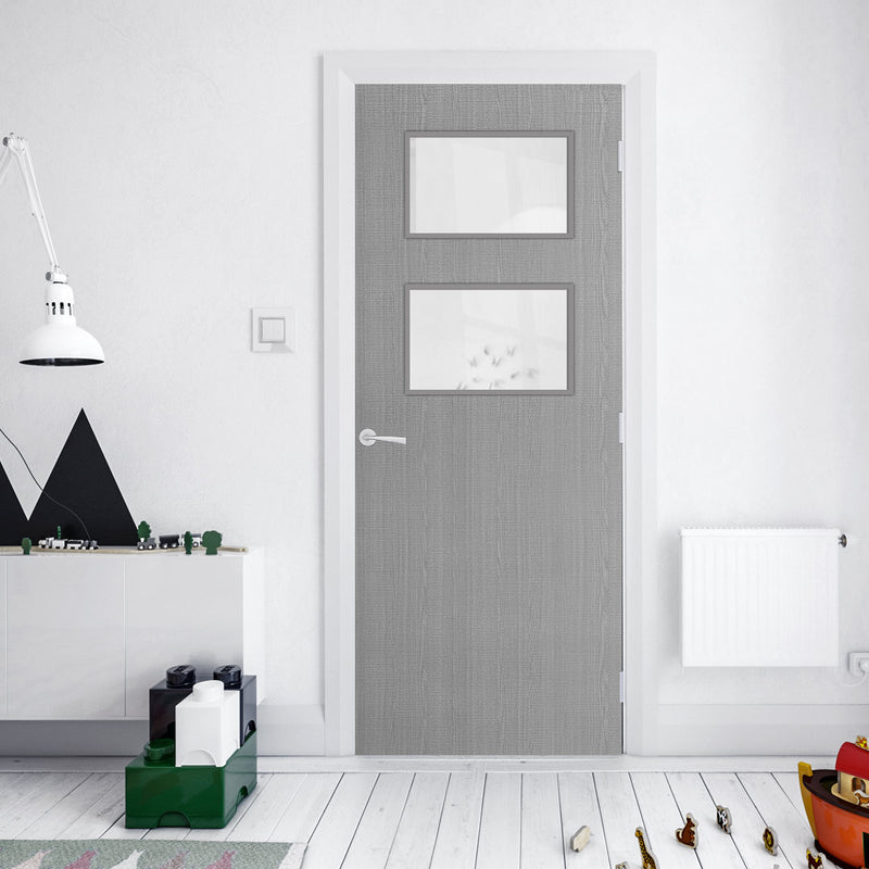 Bespoke Fire Door - Flush American Light Grey Ash Veneer - 30 Minute Fire Rated - Clear Glass - 02 - Prefinished