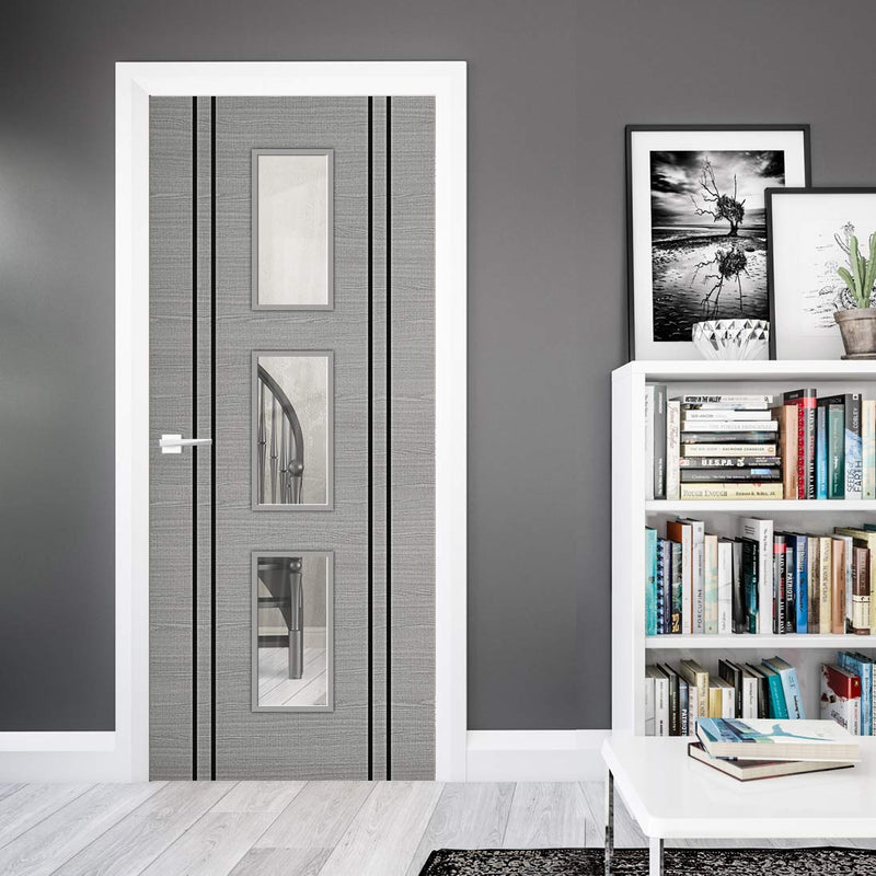 Bespoke Fire Door - Flush Dark Grey Inlay - American Light Grey Ash Veneer - 30 Minute Fire Rated - Clear Glass - 11 - Prefinished