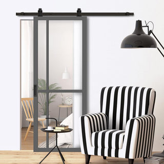 Image: Top Mounted Black Sliding Track & Solid Wood Door - Eco-Urban® Marfa 4 Pane Solid Wood Door DD6313G - Clear Glass - Stormy Grey Premium Primed