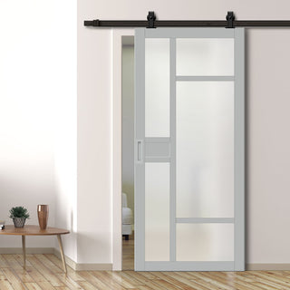 Image: Top Mounted Black Sliding Track & Solid Wood Door - Eco-Urban® Jura 5 Pane 1 Panel Solid Wood Door DD6431SG Frosted Glass - Mist Grey Premium Primed