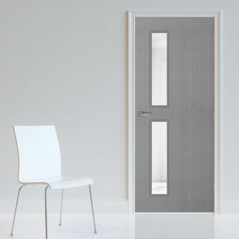Bespoke Fire Door - Flush American Light Grey Ash Veneer - 30 Minute Fire Rated - Clear Glass - 07 - Prefinished