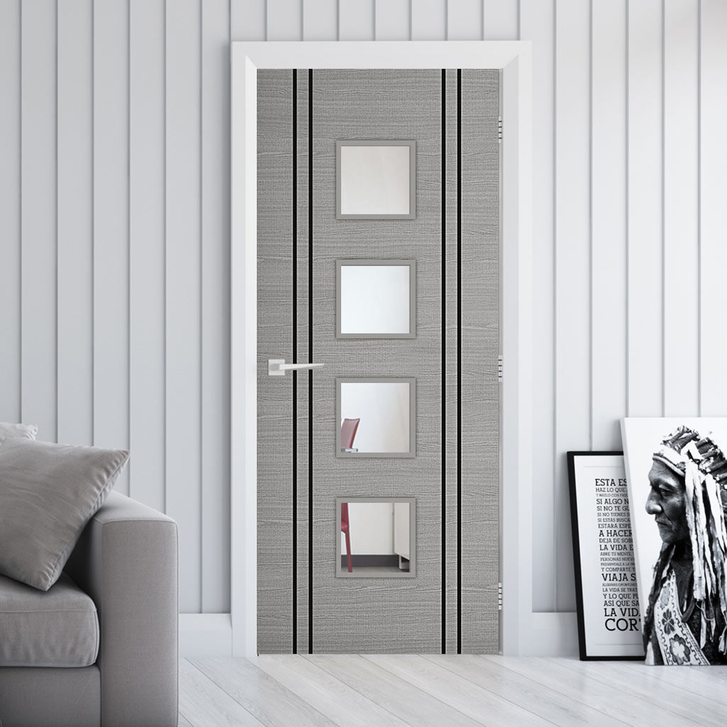 Bespoke Fire Door - Flush Dark Grey Inlay - American Light Grey Ash Veneer - 30 Minute Fire Rated - Clear Glass - 09 - Prefinished