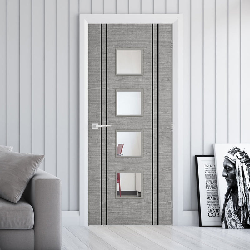 Bespoke Fire Door - Flush Dark Grey Inlay - American Light Grey Ash Veneer - 30 Minute Fire Rated - Clear Glass - 09 - Prefinished