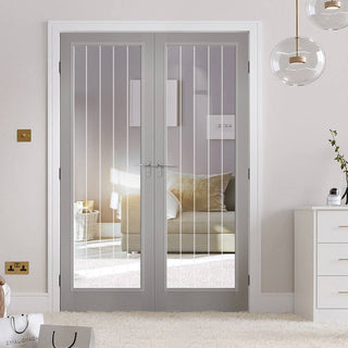 Image: Moulded Textured Vertical 1 Light Grey Internal Door Pair - Clear Glass Frosted Lines - Prefinished