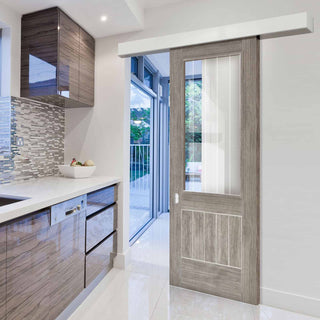 Image: Single Sliding Door & Wall Track - Laminate Mexicano Light Grey Door - Etched Clear Glass - Prefinished