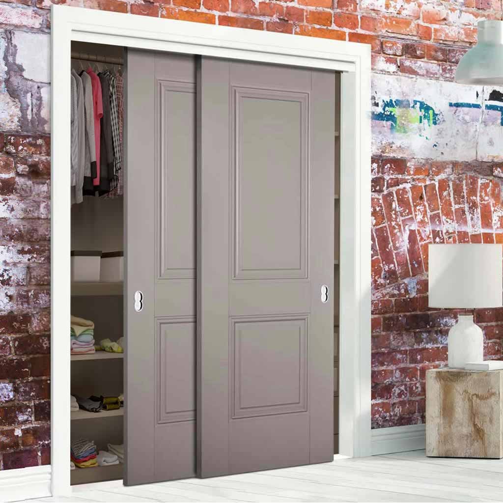 Minimalist Wardrobe Door & Frame Kit - Two Arnhem 2 Panel Grey Primed Doors - Unfinished