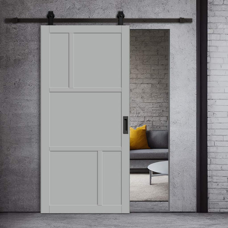 Top Mounted Black Sliding Track & Solid Wood Door - Eco-Urban® Arran 5 Panel Solid Wood Door DD6432 - Mist Grey Premium Primed