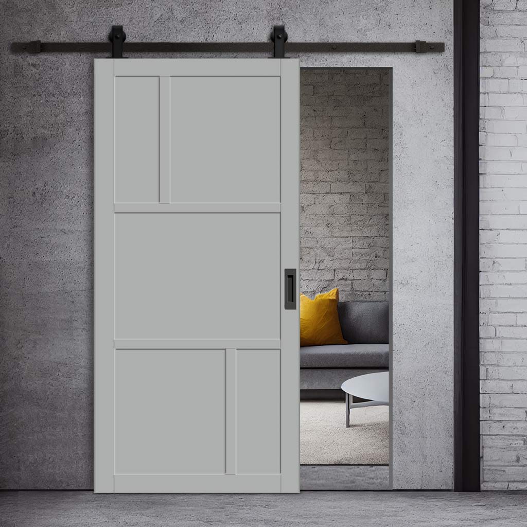 Top Mounted Black Sliding Track & Solid Wood Door - Eco-Urban® Arran 5 Panel Solid Wood Door DD6432 - Mist Grey Premium Primed