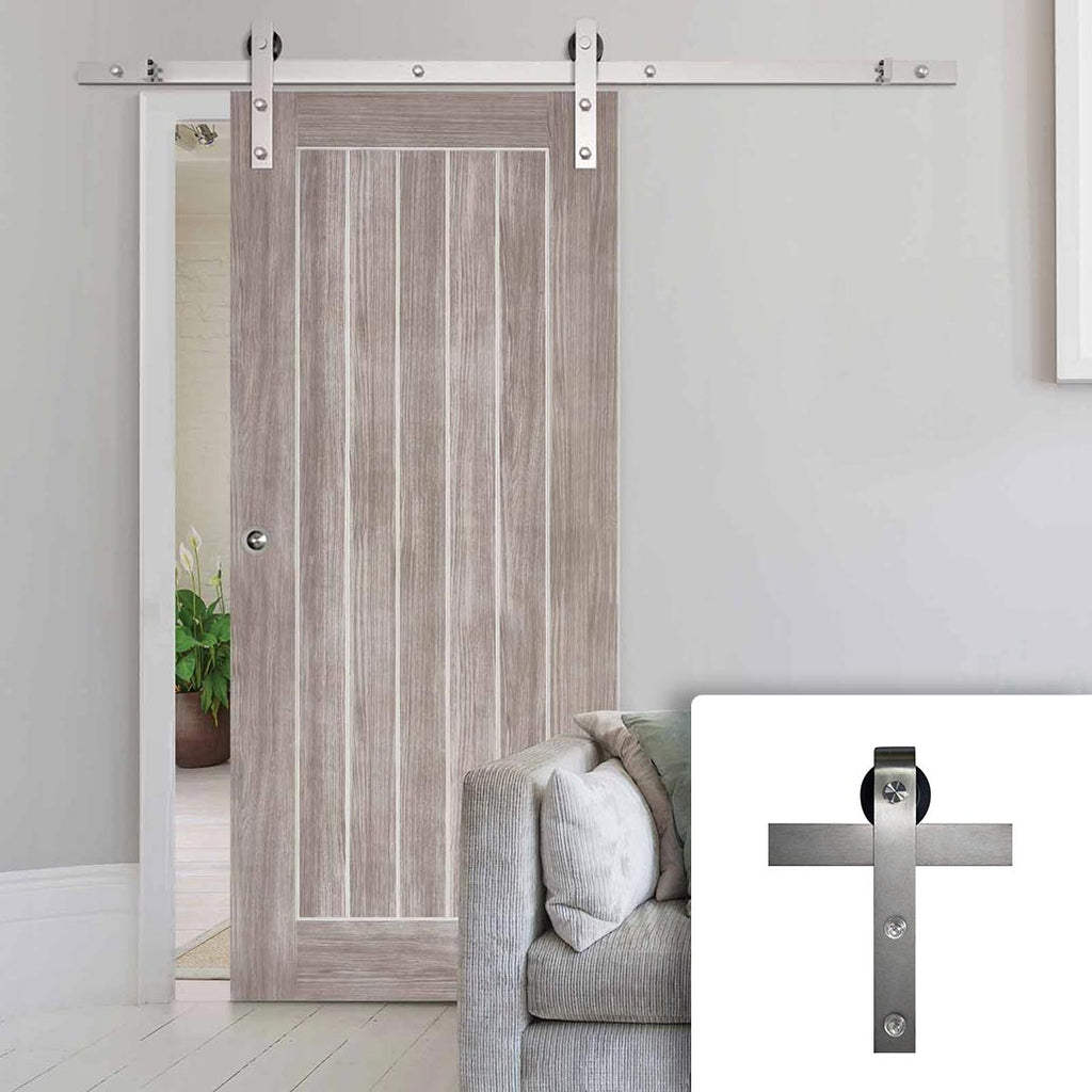 Single Sliding Door & Stainless Steel Barn Track - Laminate Mexicano Light Grey Door - Prefinished