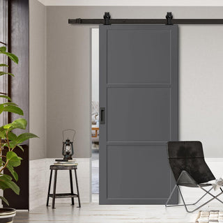 Image: Top Mounted Black Sliding Track & Solid Wood Door - Eco-Urban® Manchester 3 Panel Solid Wood Door DD6305 - Stormy Grey Premium Primed