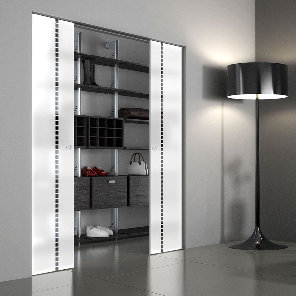 Gifford 8mm Obscure Glass - Clear Printed Design - Double Absolute Pocket Door